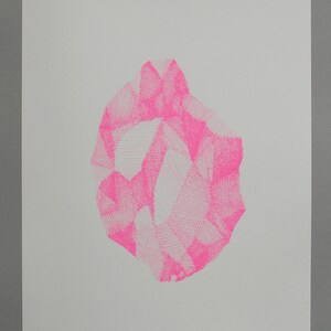 an art risograph print poster in neon pink featuring a stone, the size is a4