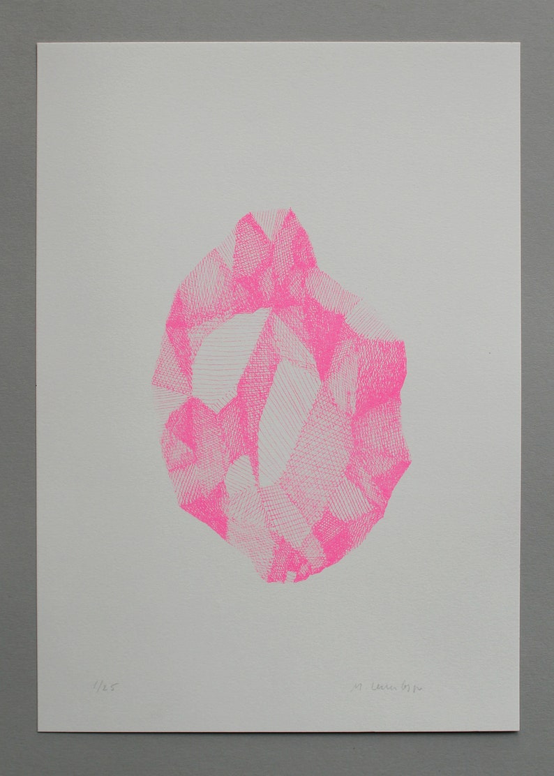 an art risograph print poster in neon pink featuring a stone, the size is a4