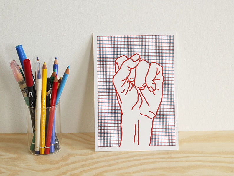 Risograph Print Poster red Fist, Risograph Print mini Poster, hand drawing image 2