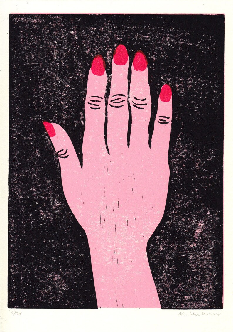 Linolschnitt Poster Hand A4 handgedruckt, limitierte Auflage Bild 7