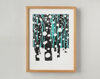 Winter Forest Serigrafía Poster, Serigrafía Arte Nieve, Art Printing Invierno, Art Print Sala de estar, Art Print Forest, Póster blanco turquesa
