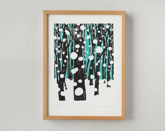 Winter Wald Siebdruck Poster, Siebdruck Kunst Schnee, Kunstdruck Winter, Kunstdruck Wohnzimmer, Kunstdruck Wald, Poster weiß türkis