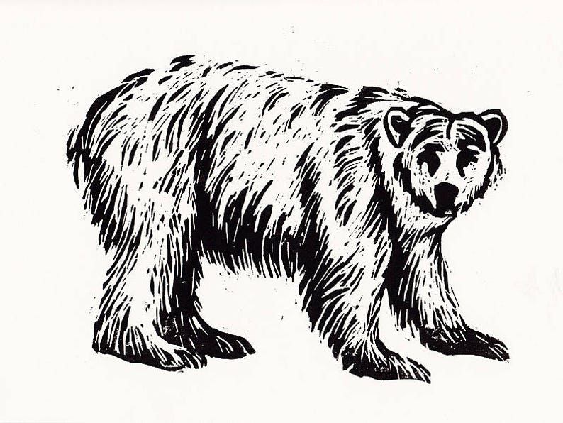 Cartel grabado en madera de oso polar, pequeña impresión de arte para habitación infantil, original grabado en madera impreso a mano, edición limitada, cartel de animales imagen 3