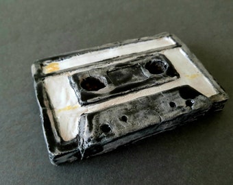 Ceramic cassette tape, fired and glazed clay art object nostalgic music cassette