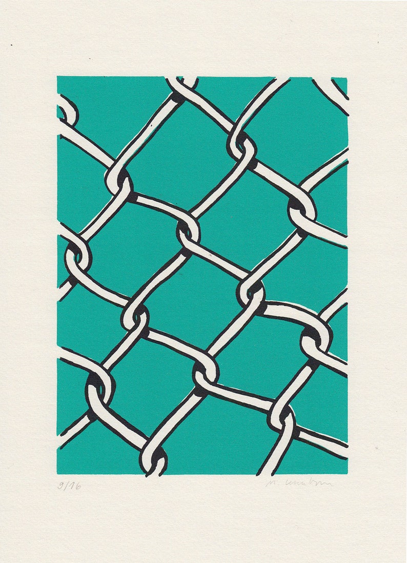 Cartel serigrafiado original malla de alambre turquesa imagen 3