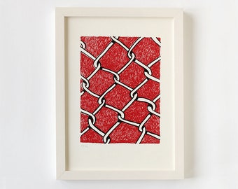 Papelera póster de malla metálica valla, serigrafía póster A4, serigrafía rojo blanco negro, serigrafía limitada de mano, serigrafía de malla de serigrafía