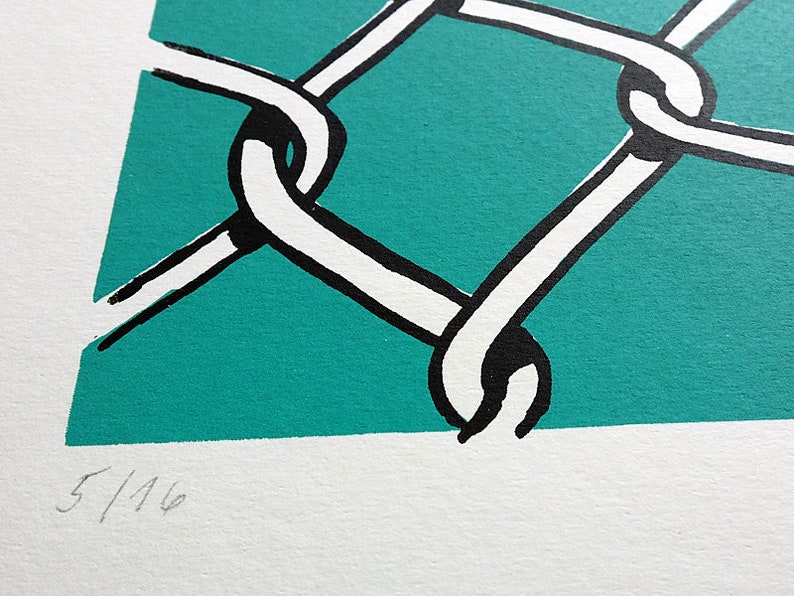 Cartel serigrafiado original malla de alambre turquesa imagen 5