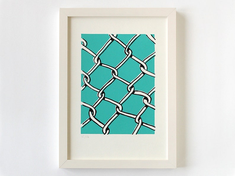 Cartel serigrafiado original malla de alambre turquesa imagen 1