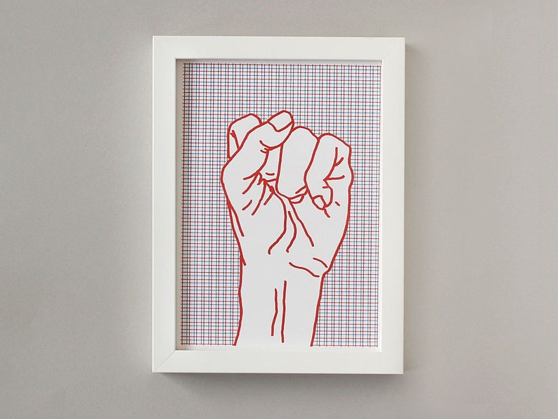 Risograph Print Poster red Fist, Risograph Print mini Poster, hand drawing image 1