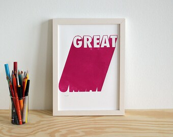 Holzschnitt GREAT pink, Typografie Poster A4, handgedrucktes Kunstdruck Poster, limitierte Edition von 50