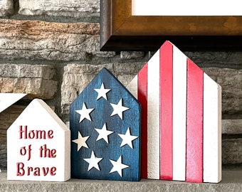 3 Independence Day Home/House Blocks, Stars and Stripes, Home of the Brave - Patriotic, July 4th, Soldiers, red, white and blue