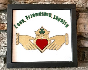 Framed Claddaugh Wall Art with Love, Friendship, Loyalty - Irish Sign for St. Patrick's Day Decor