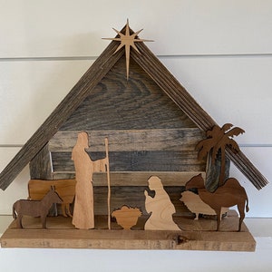 Rustic Nativity Scene - Nativity Scene - Rustic/Reclaimed wood with Mary, Joseph, Baby Jesus, Bethlehem, North Star, camel, barn cow, lamb