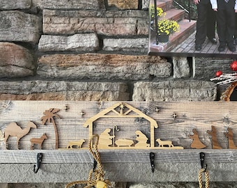 Christmas Nativity Stocking Holder with Mary, Joseph, Baby Jesus, sheep, camels, Bethlehem, North Star