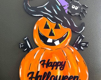 Halloween Decor Jack-O-Lantern with Happy Halloween, spider, witches hat
