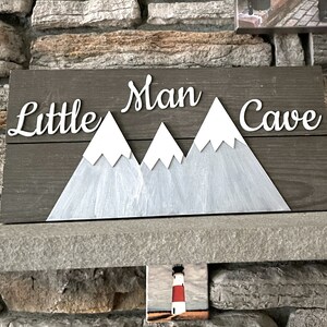 Little Man Cave Sign with Mountains and white snowy caps, made from rustic wood, shiplap wood, country, farmhouse, nursery room design