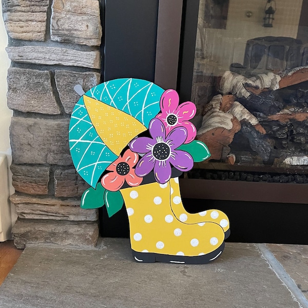 Spring Decor Rain boots with umbrella and flowers, bright and springy, wall/door decor