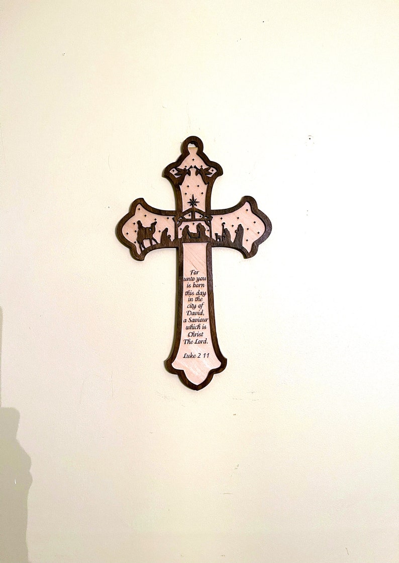 Christian Cross with a Nativity Scene with Luke 2:11 image 1