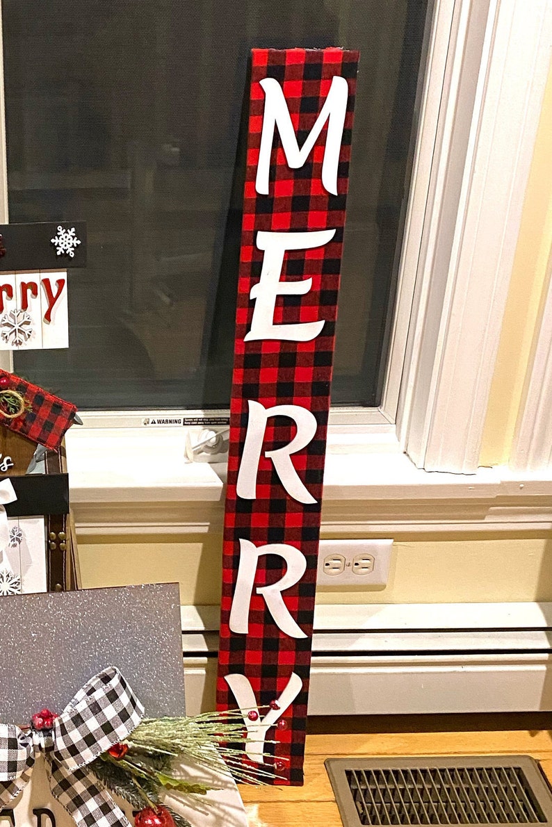 Christmas Decor Dual Sided Porch Sign Country Merry and Home Sweet Home with Buffalo Plaid Holiday Decor