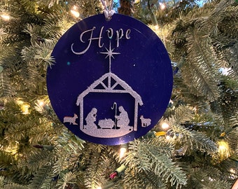 Christmas Tree Ornament - Nativity Scene with Hope in sparkling silver, blue Mary, Joseph, Baby Jesus, lamb