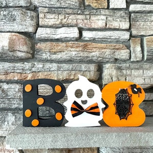 Dual Sided 3D Boo Sign with Ghosts, Bats, Pumpkins, Bow ties, polka dot, orange, black, white.