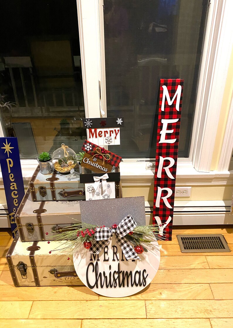 Christmas Decor Dual Sided Porch Sign Country Merry and Home Sweet Home with Buffalo Plaid Holiday Decor