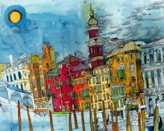 May include: Watercolor painting of a cityscape with tall buildings, a bridge, and a moon in the sky. The buildings are painted in shades of red, yellow, and blue.
