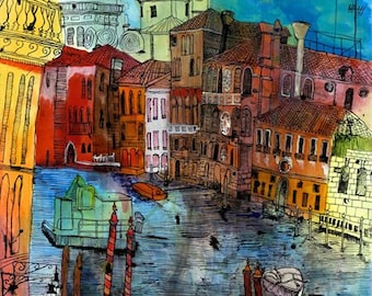 May include: A watercolor painting of a cityscape with buildings, canals, and boats. The buildings are painted in shades of brown, yellow, and red. The canals are painted in shades of blue and green. The boats are painted in shades of white and gray.