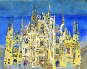 ミラノ大聖堂のプリント、ミラノドゥオーモの水彩画、イタリアの絵画