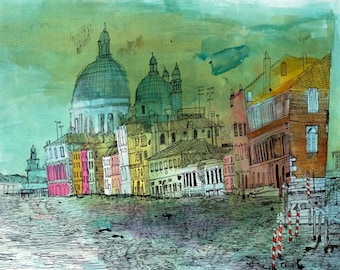May include: Watercolor painting of a cityscape with colorful buildings and domes. The artwork depicts a waterfront scene with buildings in shades of pink, yellow, and brown. The sky is a mix of green and blue.