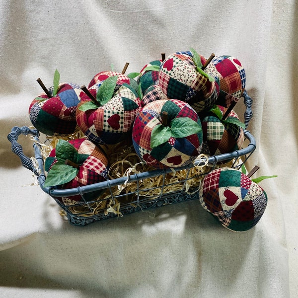 Folk Art Fabric Apples, Handmade Folkart Apples, Plaid Fabric Apples, Tiered Tray Apples, Farmhouse Apples, Primitive Style Apples