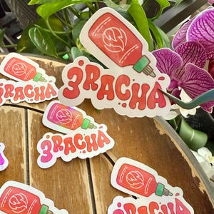 May include: Five colourful stickers with a red and white hot sauce bottle and the text "3racha" in a red, white, and blue font.