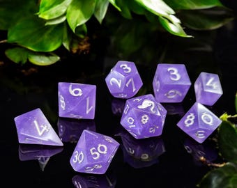 Purple and Silver Sharp Edge Dice Set, Mystra's Grace, DnD, 7 Piece