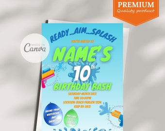 Watergun Battle Birthday Invitation Evite | Canva Printable Instant Download