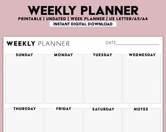 Utskrivbar veckoplanerare | Minimalistiskt veckoschema, Veckoöversikt, Veckoorganisatör, Kontorsplanerare, Skrivbordsplanerare, A4 Letter A5