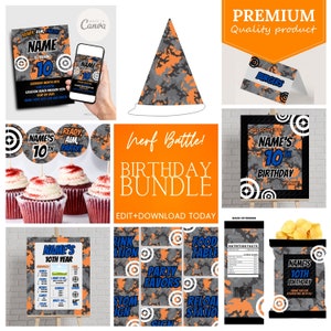 Paquete de fiesta de cumpleaños de Nerf Battle / Descarga instantánea imprimible de Canva