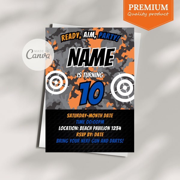 Nerf Battle Evite Birthday Invitation Evite | Canva Printable Instant Download