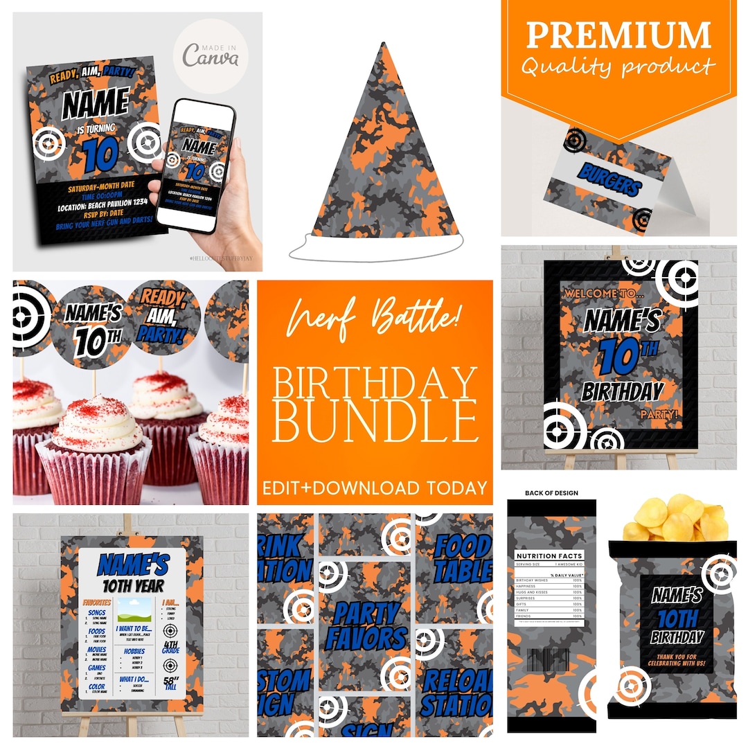 Nerf Battle Birthday Party Bundle | Canva Printable Instant Download - Etsy