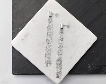 Pendientes de borla larga de plata esterlina / Colección Fancy Me / Flecos de cadena / Respaldos de poste / Joyas de plata