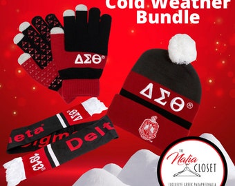 Kit de accesorios para clima frío de Delta Sigma Theta: gorro de lana, guantes para usar el celular y bufanda.