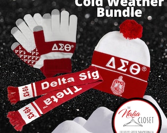 Kit de accesorios para clima frío de Delta Sigma Theta: gorro de lana, guantes para usar el celular y bufanda.