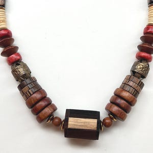 1980s 24&quot; Wood and Metal Beads Necklace, Vtg Brown Terracotta Natural Black & Gold Colored Chunky Jewelry, Octagon-Shaped Box Center Bead