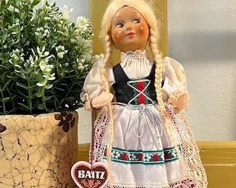 1970s BAITZ AUSTRIAN St. Wolfgang 9" Doll, Traditional Costume, Long Blonde Hair Braids, Wire & Cloth Body, Hard Plastic Head, Original Tag