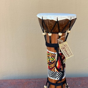 Vintage MEXICAN DRUM Handmade Wood Tambor De Bambu by Wayan Natural Wear Hand Painted Design Musical Percussion Instrument, Original Tag