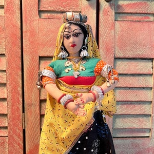 Vintage 10&quot; HINDU INDIAN Folk Doll, Cloth & Wire Body Figure, Traditional Clothing Jewels and Bangles, Painted Cloth Face and Toenails