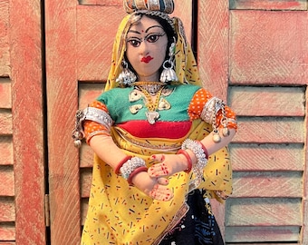 Vintage 10" HINDU INDIAN Folk Doll, Cloth & Wire Body Figure, Traditional Clothing Jewels and Bangles, Painted Cloth Face and Toenails