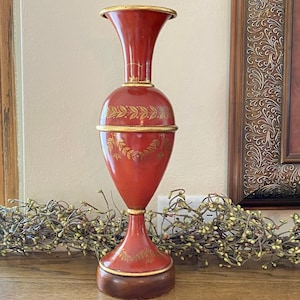 Vintage ENAMELED METAL VASE With Wood Base 13-1/2&quot; H Brick Red Burnt Orange, Gilded Trim and Gold Leaf Vine, Trumpet Style