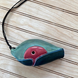 Vintage CLAY WHISTLE FLUTE 5" L  Ocarina w/ 5 Holes, Green Red Navy Handcrafted Musical Instrument, Primitive Folk Art
