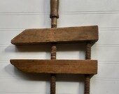 Vintage Wooden Clamp, Carpenter 39 s Adjustable Wood Working Vice, 12 1 4 quot Screws and 10 quot Clamps Grips, Rustic Country Farmhouse Decor
