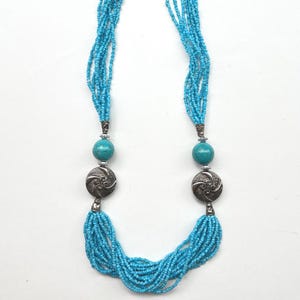 Vintage 25&quot; Aqua Glass Seed Beads Necklace, Multi-Strand Beaded Jewelry with Decorative Silver-Tone Findings & Faux Turquoise Chunky Beads
